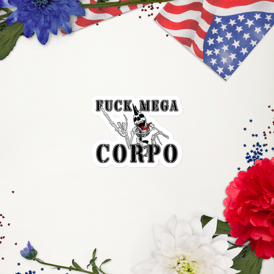 Mature sticker with the text 'FUCK MEGA CORPO' and a graphic of a chrome skeleton with a mohawk and floral elements on a white background