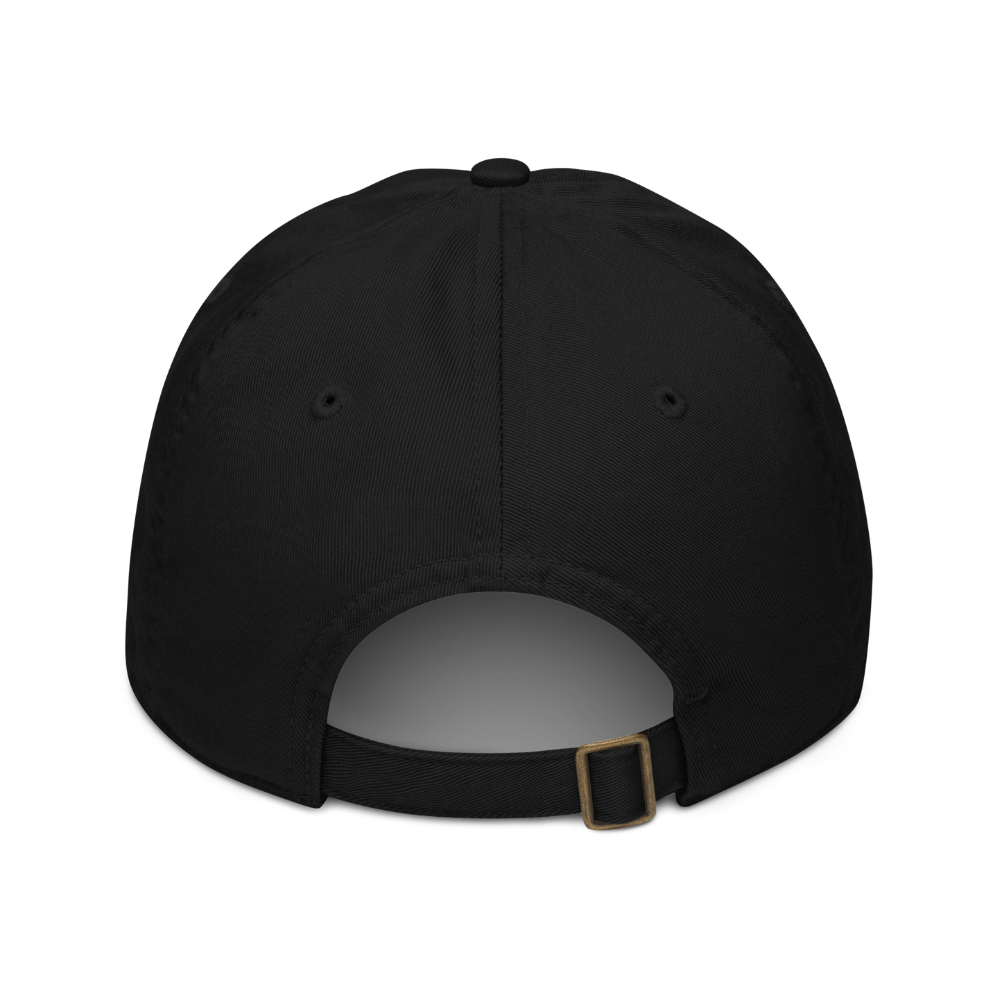 the rear view of a black hat with a buckle adjustment strap