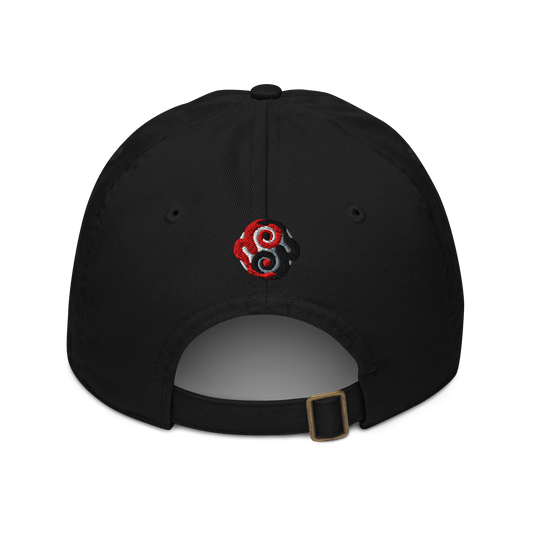 Black cap with a red and black symbol on the back against a white background