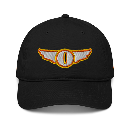 Black cap with a logo featuring an eye and wings