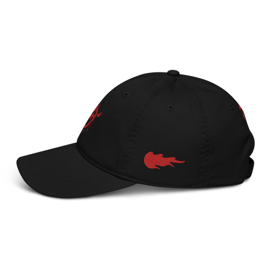 black cap facing left with red embroidery of a demon head on the front, flame on the side, and cross bones on the back