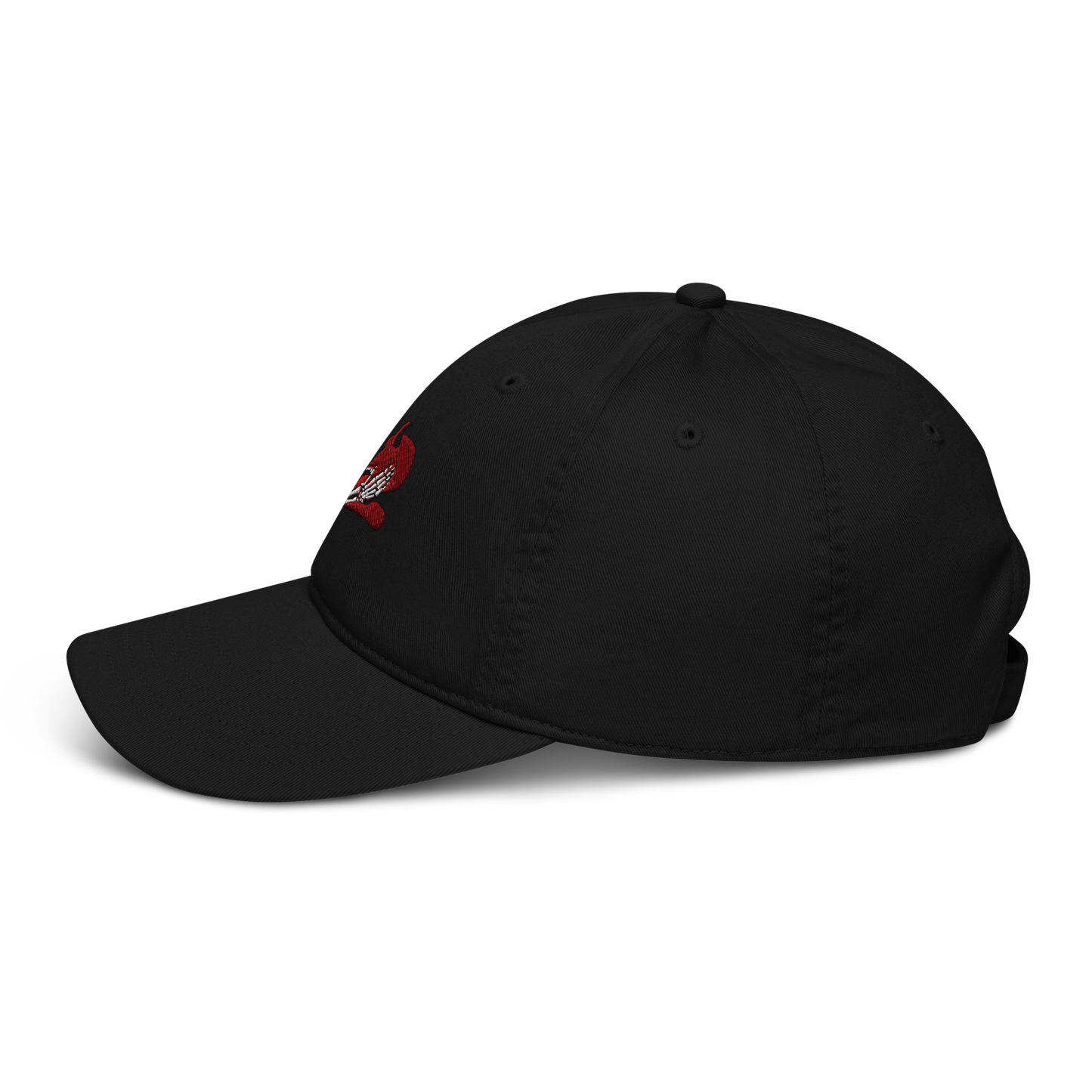a black hat facing left with a red and white embroidered design