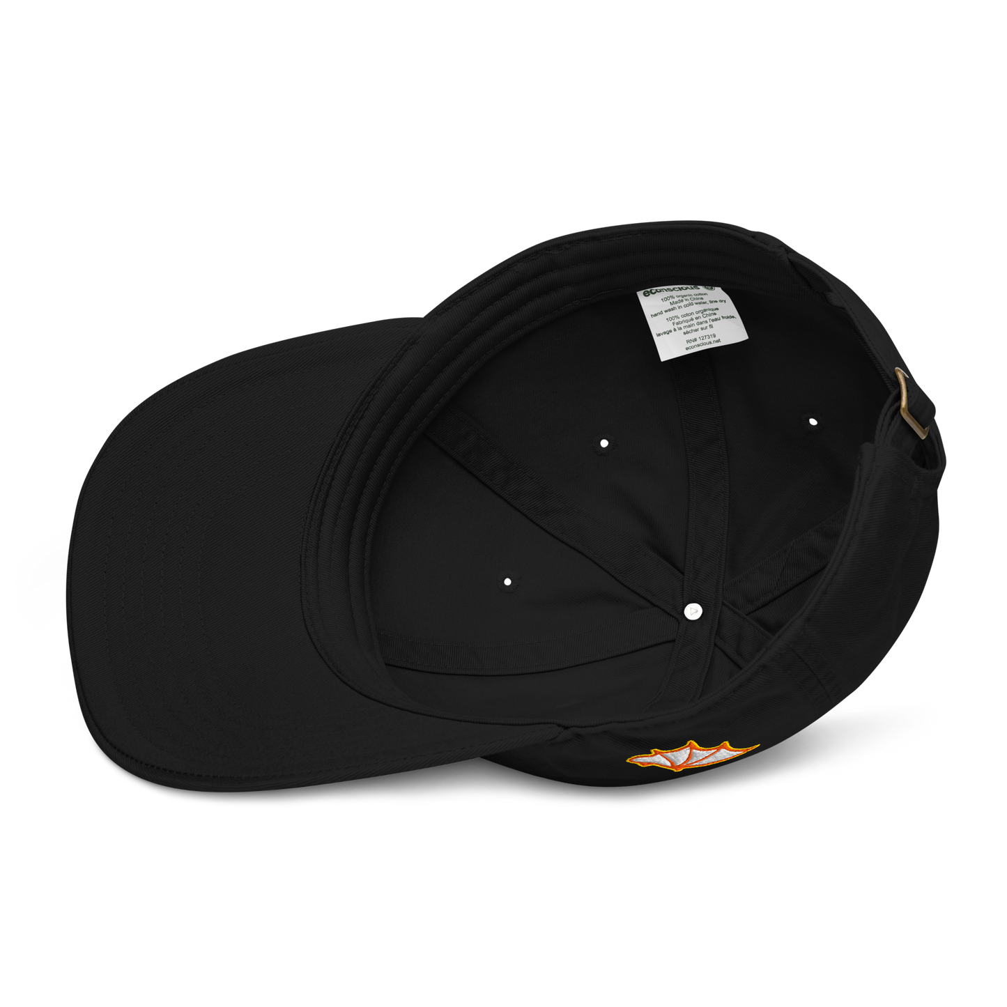 Black cap with an orange and white bat wing design on the side