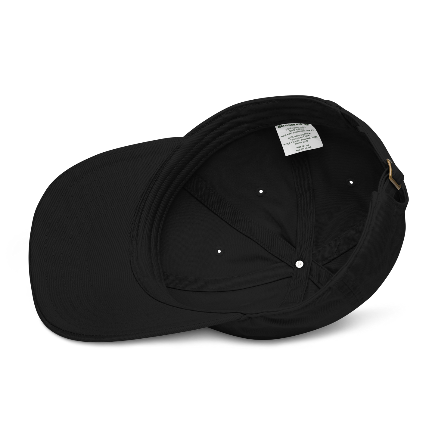 Black cap turned over to reveal the inside with a tag