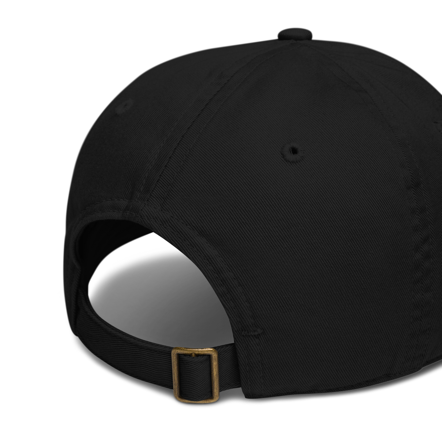 a rear closeup angle of a black hat with an adjustable buckle strap