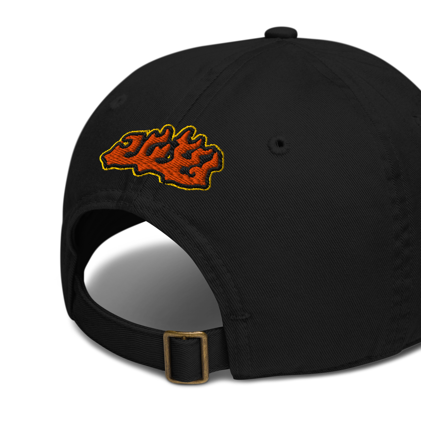 Black cap with an orange and yellow logo
