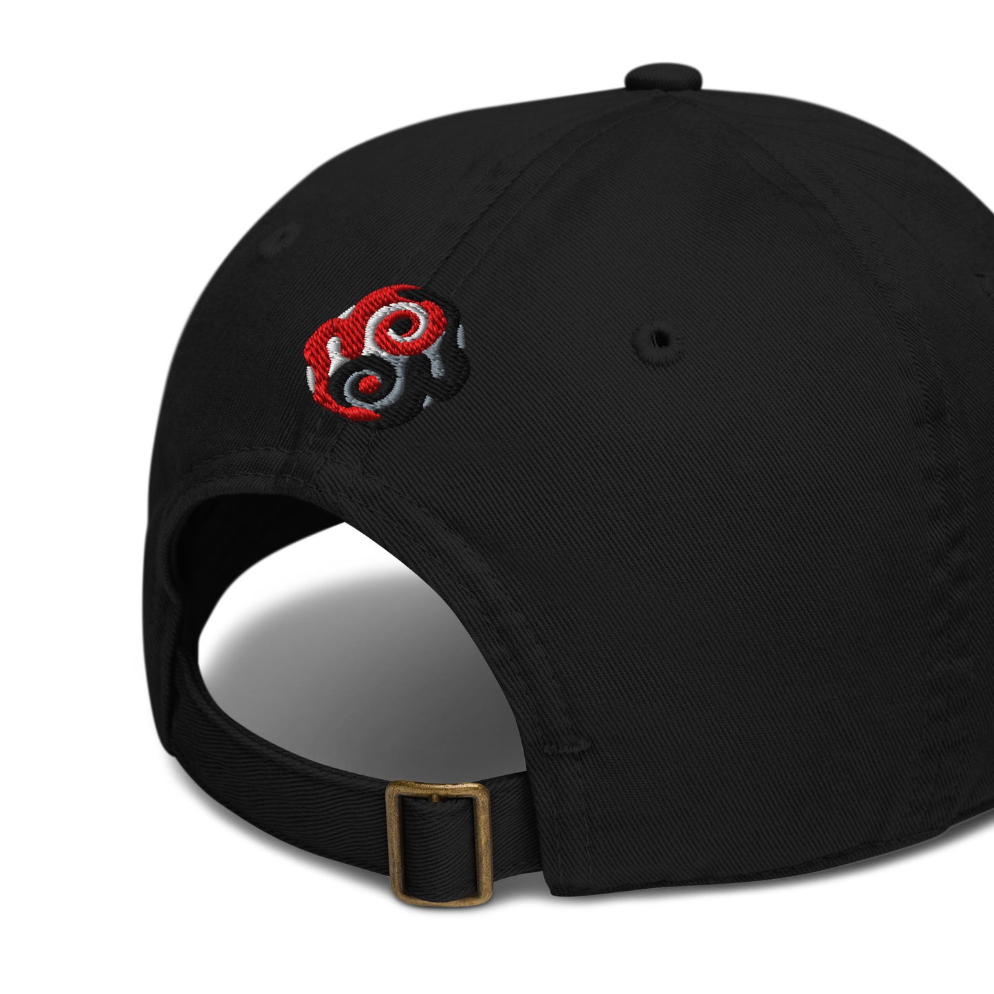 Black cap with a red and white logo on a white background