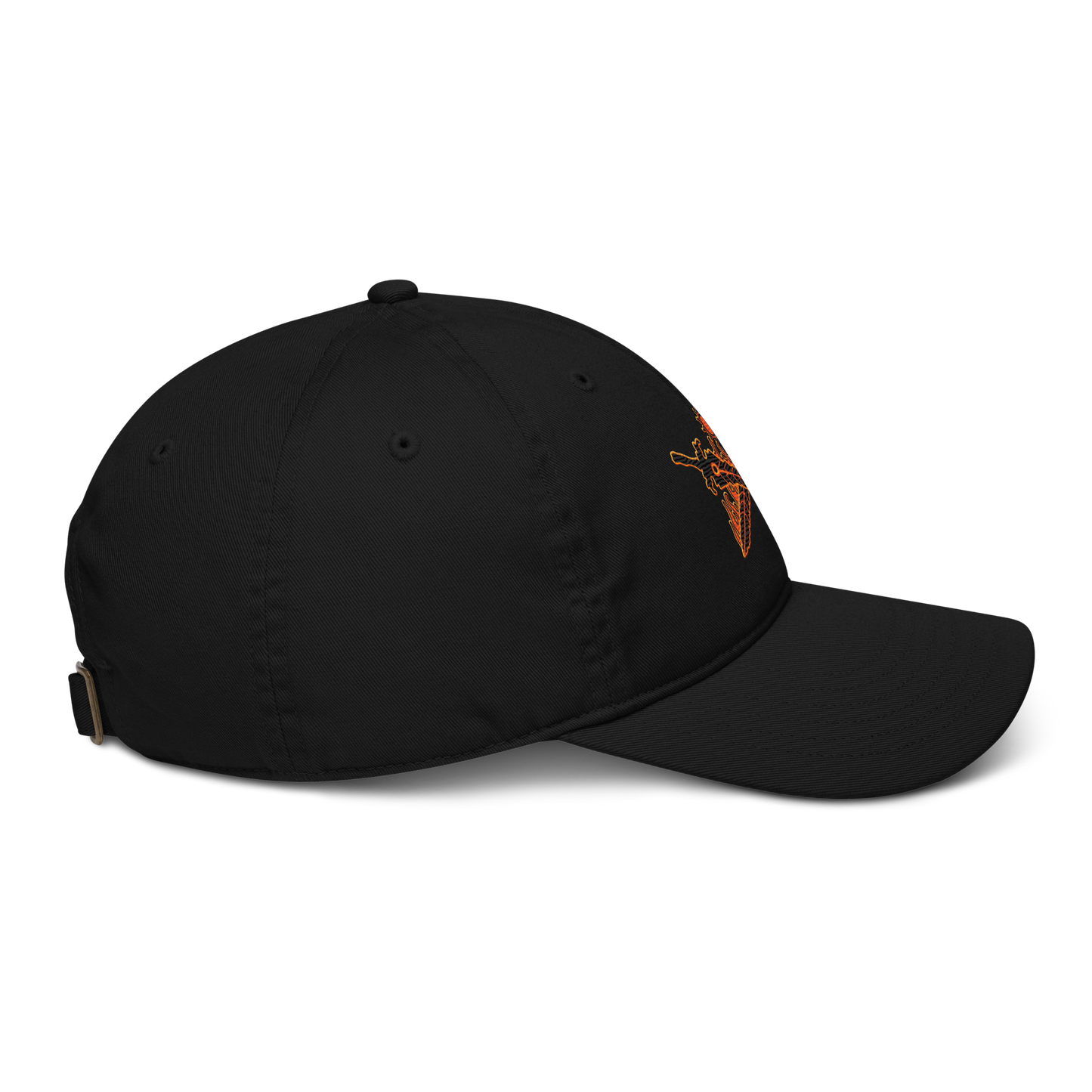 Black baseball cap with a small logo on the front