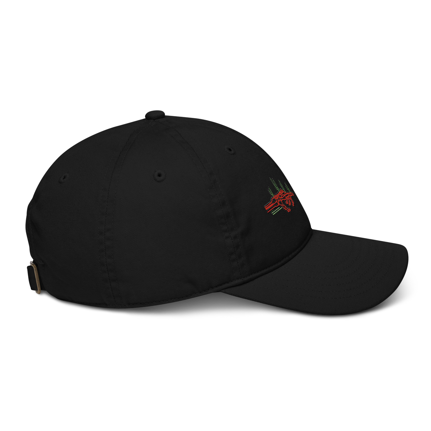 Black cap with a small red and green logo