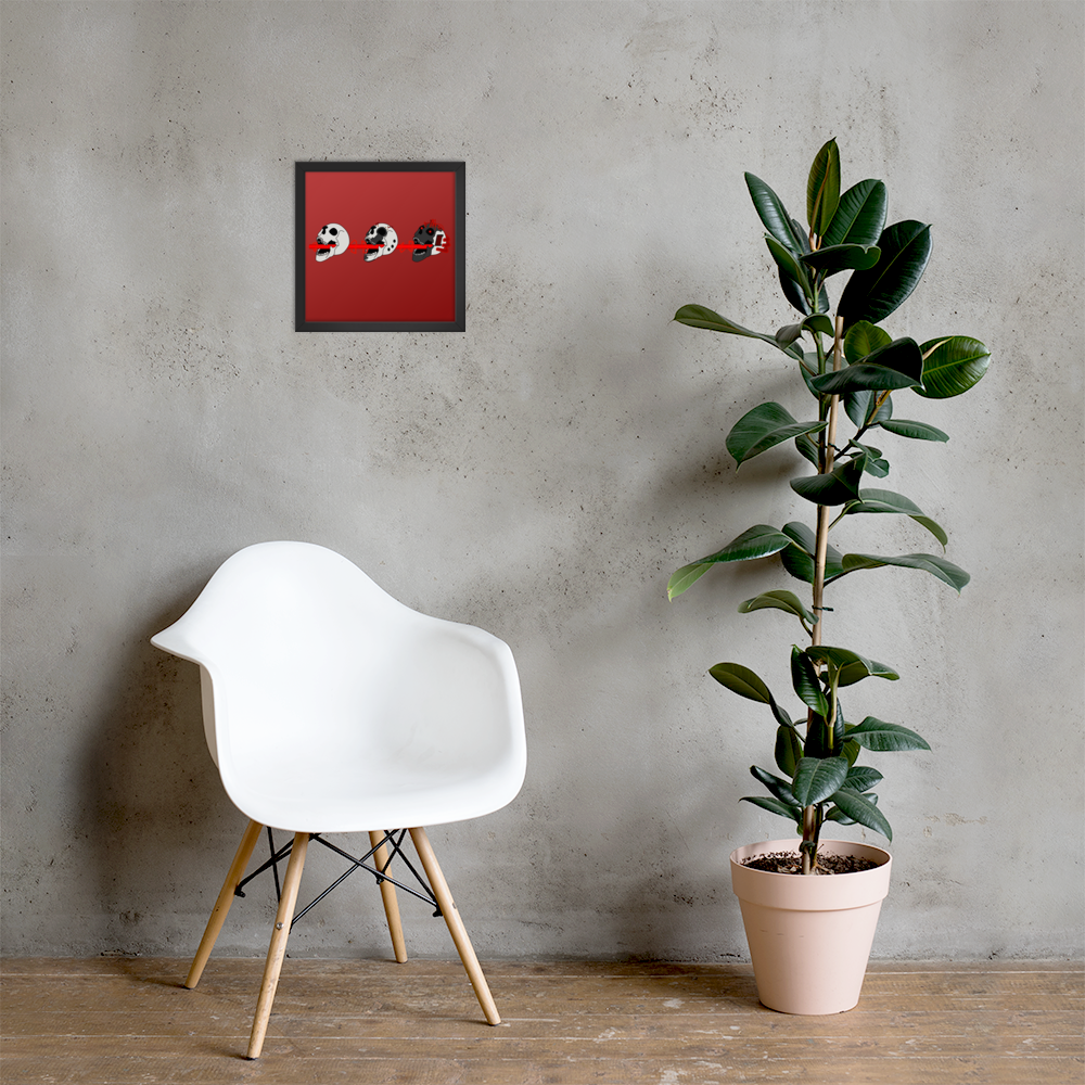 White chair next to a potted plant against a gray wall with a framed poster of three skulls shooting a laser through their mouths in a cyberpunk style on a red gradient background.