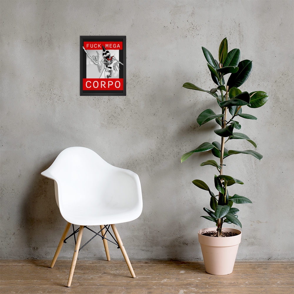 Framed artwork of a heavy metal skeleton in front of 'FUCK MEGA CORPO' text with red, white, black, and grey coloration above a white chair next to a potted plant against a gray wall with a framed poster.