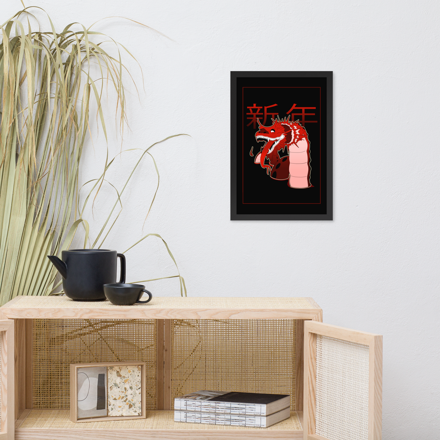 A red dragon poster with chinese characters and a black background hanging in an eastern inspired kitchen area