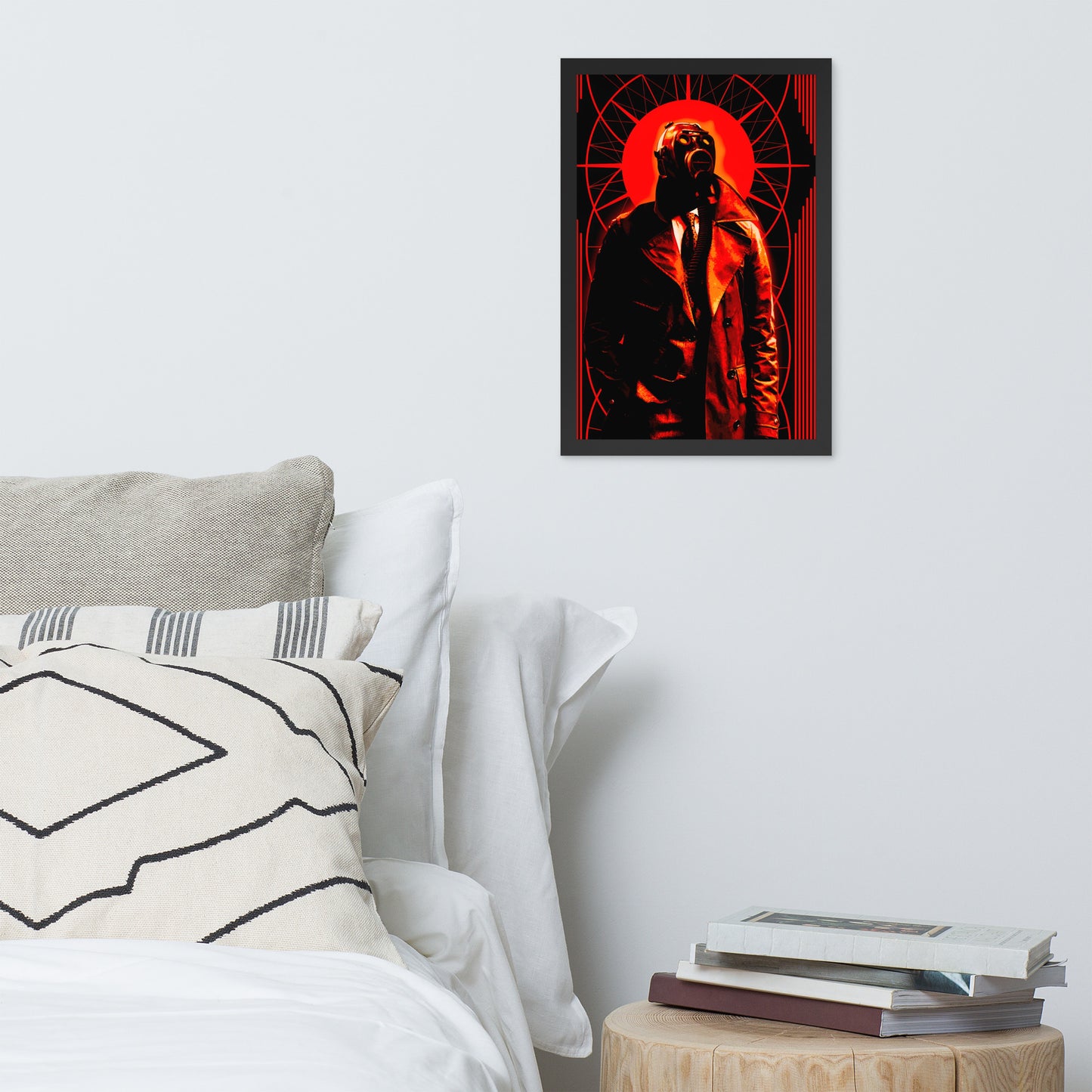 Framed 12x18 artwork of a stylized, art-deco style illustration in orange, black, and white tones, with a mysterious figure in a gas mask and a trench coat in the center with white bedding and gray pillows.