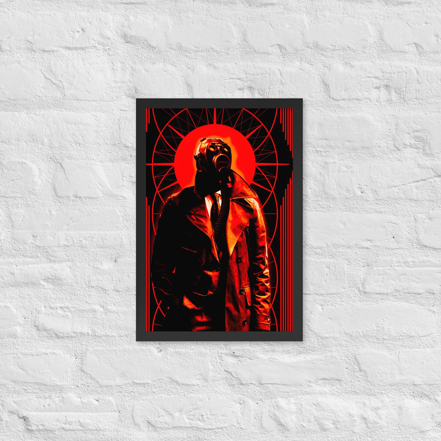 Framed 12x18 artwork of a a stylized, art-deco style illustration in orange, black, and white tones, with a mysterious figure in a gas mask and a trench coat in the center on a white textured wall