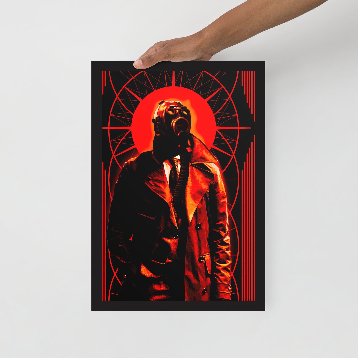 Framed 12x18 artwork of a stylized, art-deco style illustration in orange, black, and white tones, with a mysterious figure in a gas mask and a trench coat in the center, held by a hand against a white background.