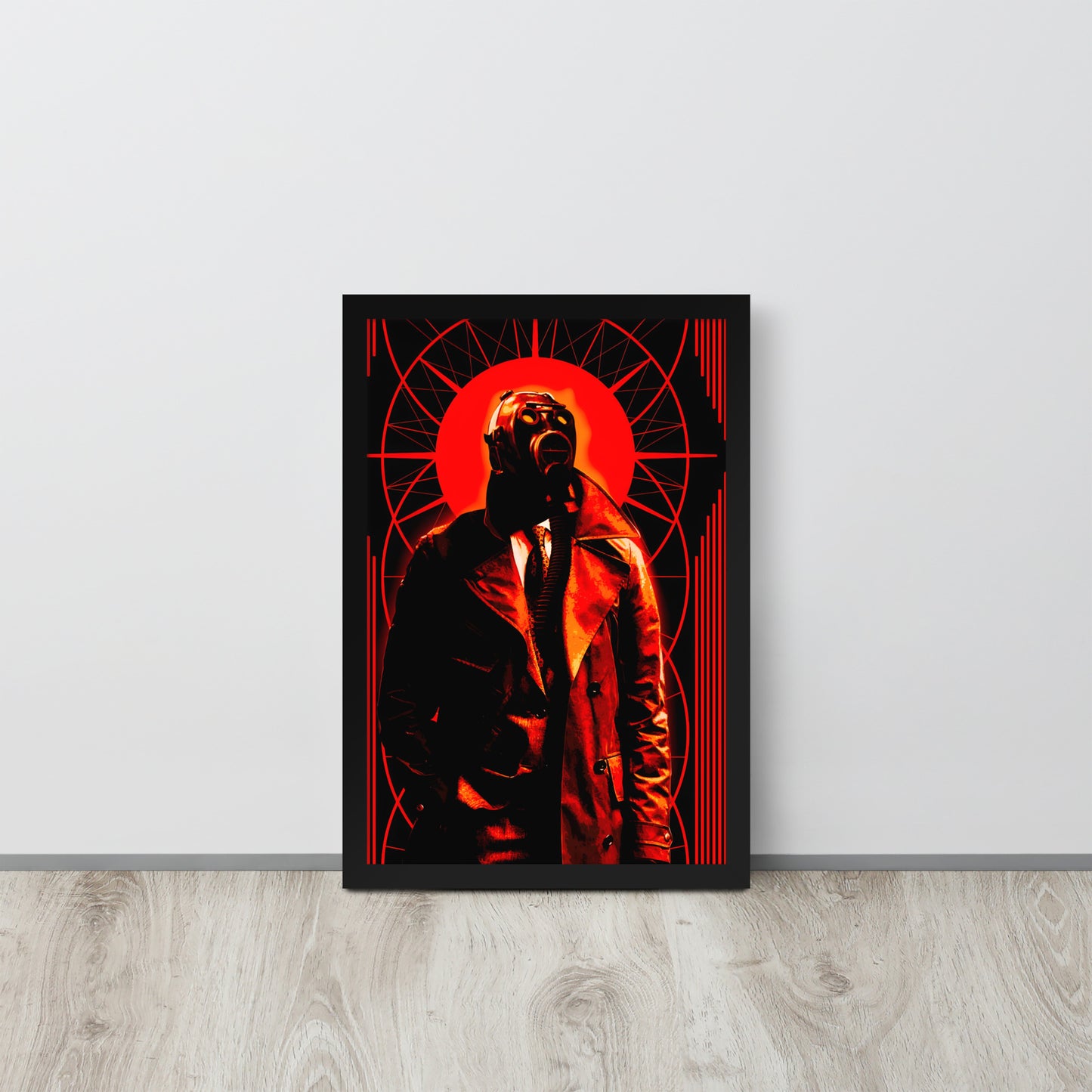 12x18 framed artwork ofa stylized, art-deco style illustration in orange, black, and white tones, with a mysterious figure in a gas mask and a trench coat in the center on a white wall.