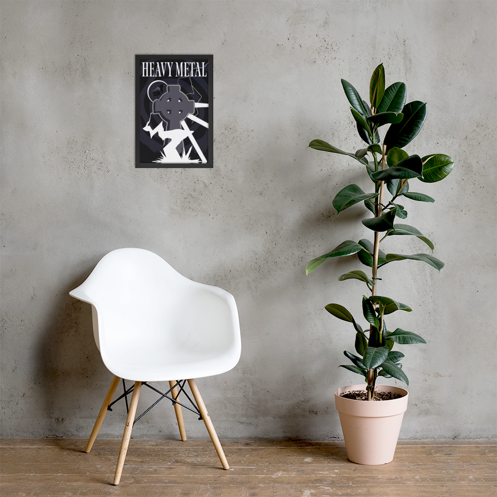 White chair next to a potted plant against a gray wall with a 'Heavy Metal' poster.