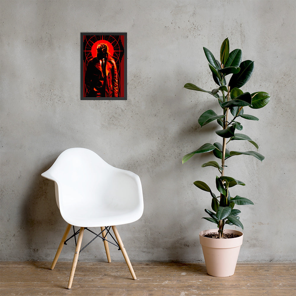 White chair and potted plant against a gray wall with a 12x18 framed poster of a stylized, art-deco style illustration in orange, black, and white tones, with a mysterious figure in a gas mask and a trench coat in the center.