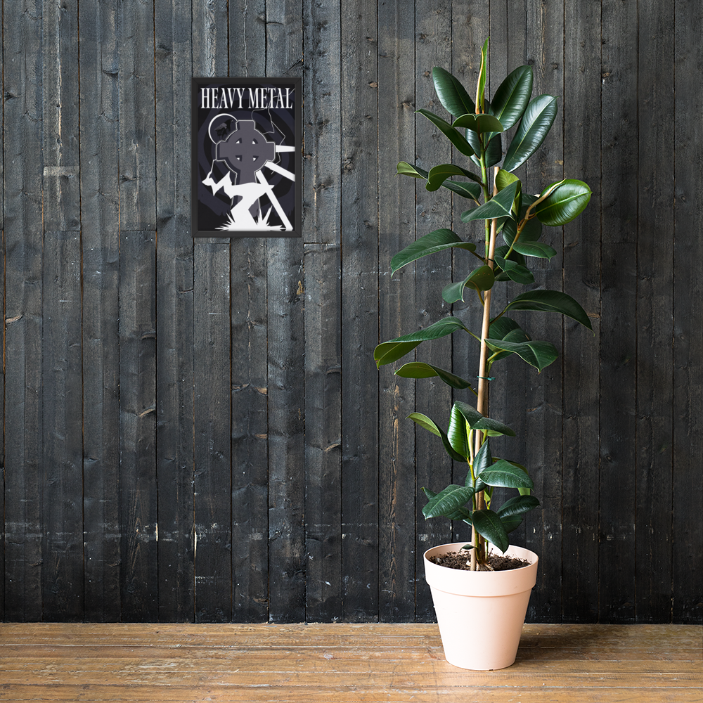 Potted plant on a wooden surface with a dark wooden wall and 'Heavy Metal' sign in the background.