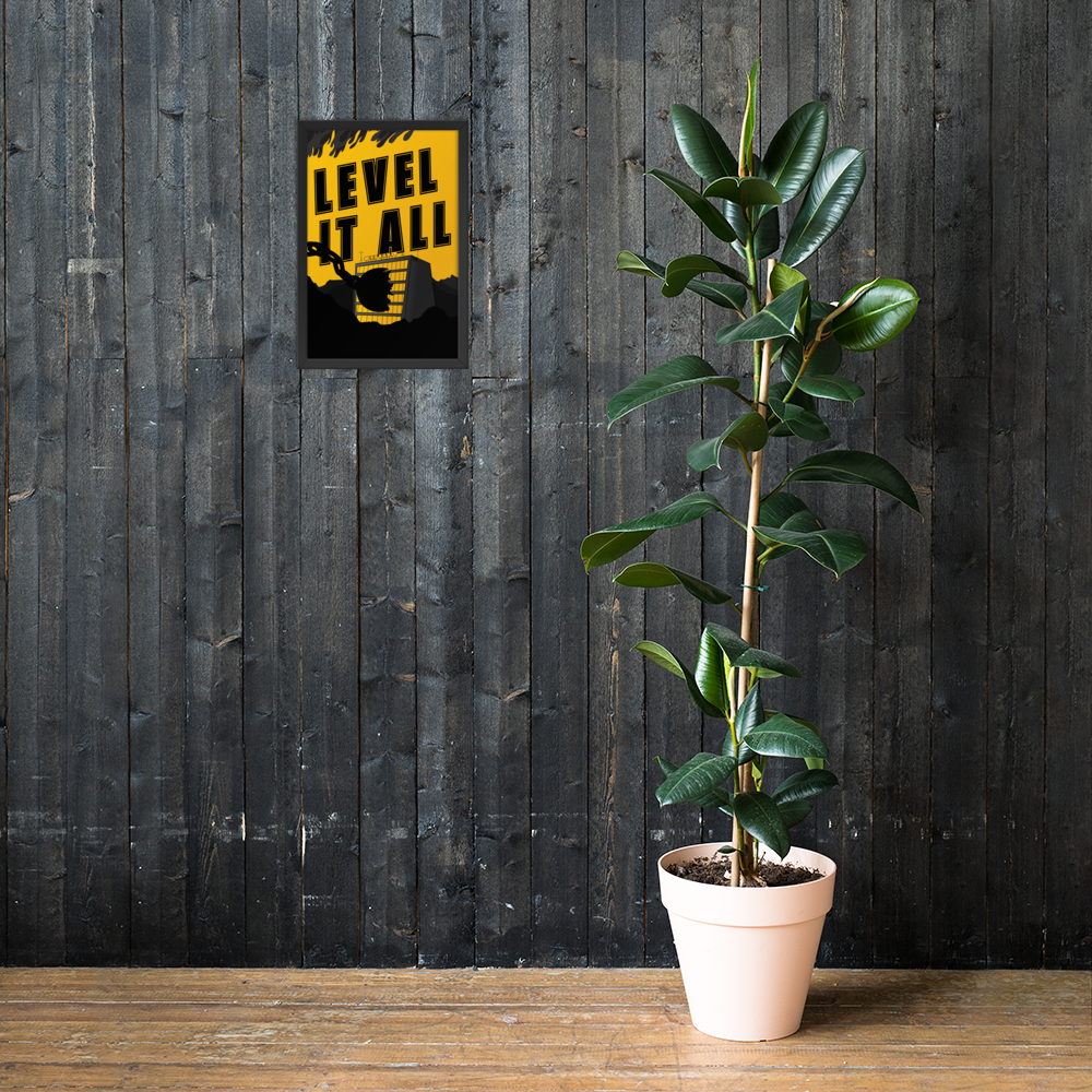 Potted plant on a wooden surface with a 'Level It All' sign on a wooden wall.