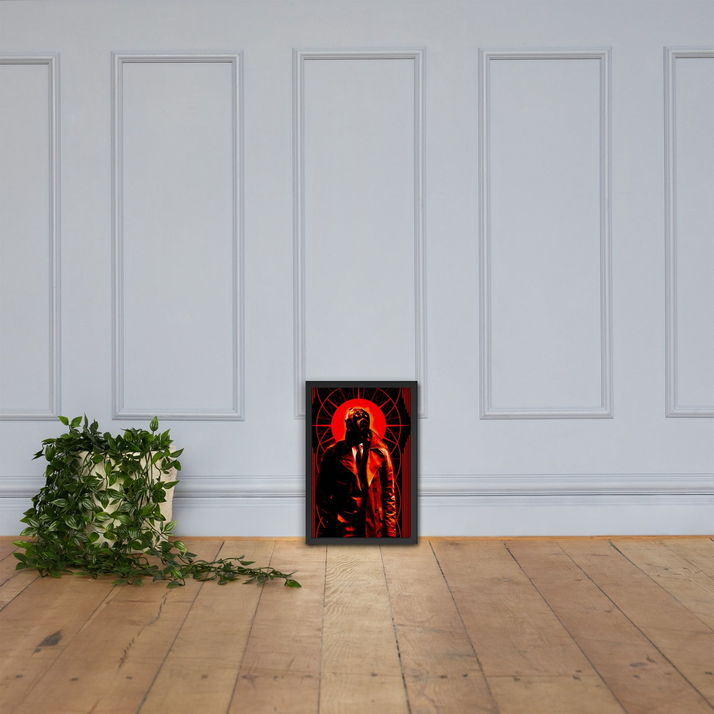 Framed 12x18 artwork ofa stylized, art-deco style illustration in orange, black, and white tones, with a mysterious figure in a gas mask and a trench coat in the center on a white paneled wall.