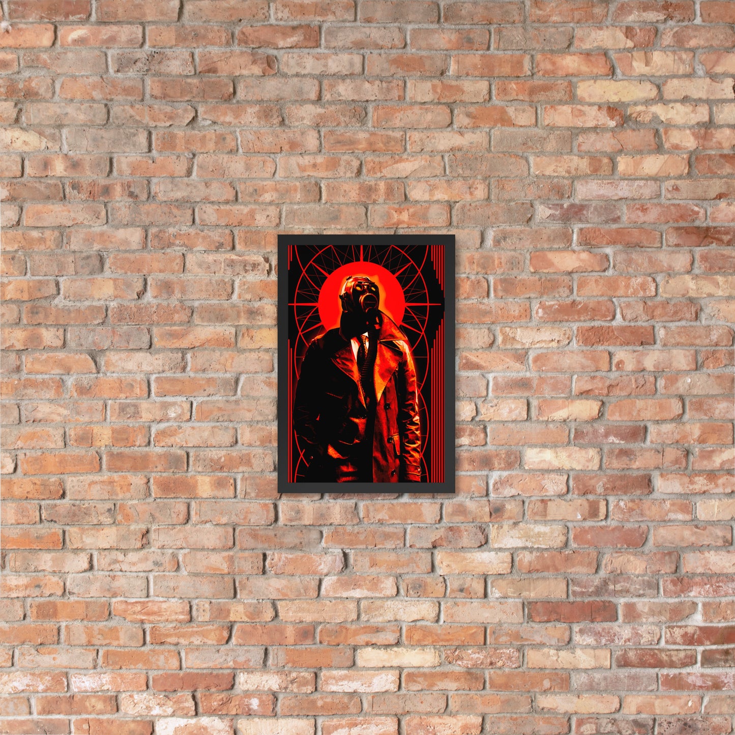 Framed 12x18 artwork of a stylized, art-deco style illustration in orange, black, and white tones, with a mysterious figure in a gas mask and a trench coat in the center on a brick wall.
