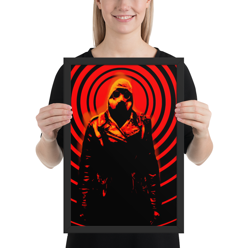 Person holding a 12x18 framed artwork of a mysterious figure in a dark outfit with a hood and a gas mask against an orange and black circular background