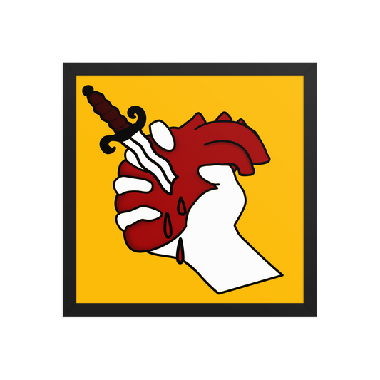 A 14x14 framed poster of a hand holding up a heart with a dagger running through it on a yellow background
