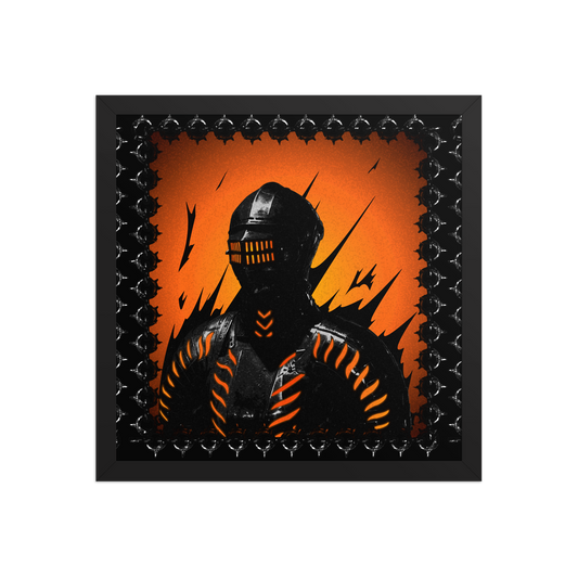 Silhouette of a knight in a helmet and armor against an orange background with decorative black border.