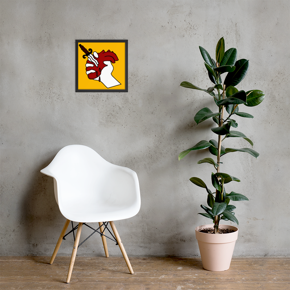 White chair and potted plant against a gray wall with a colorful poster of a hand holding up a bleeding heart with a yellow background.