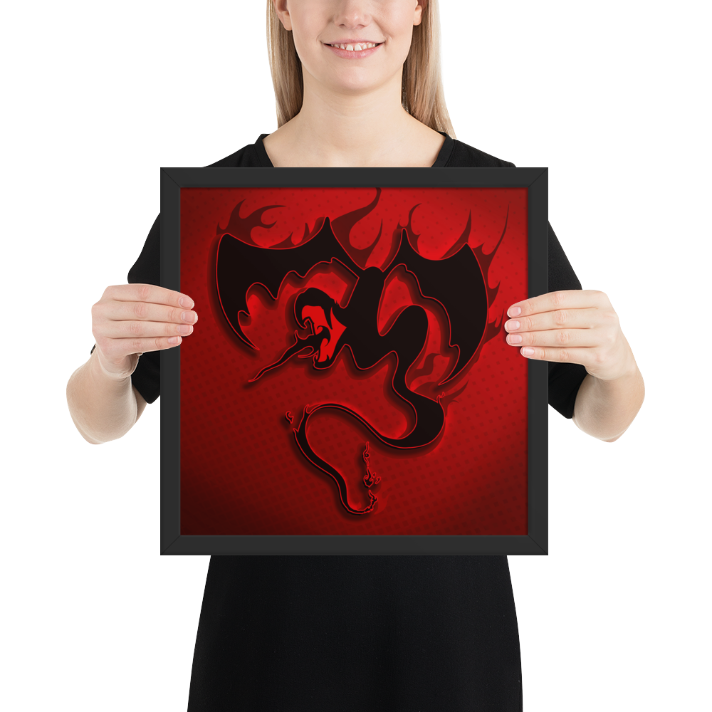 Person holding a framed artwork of a black and red firebreathing winged snake on a red background