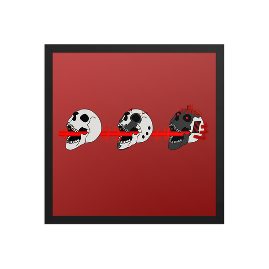 A 16x16 framed poster of three skulls shooting a laser through their mouths in a cyberpunk style on a red gradient background