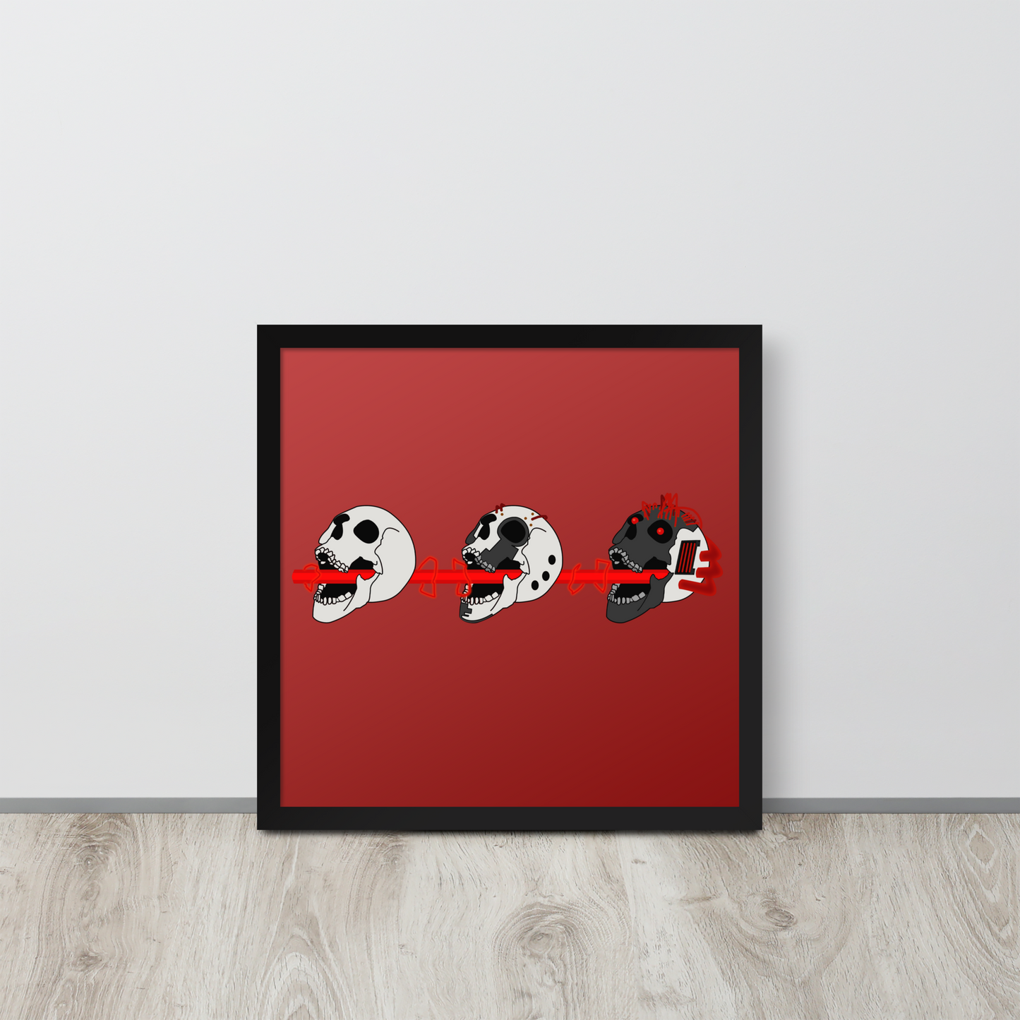 Framed artwork with three stylized cyberpunk skulls on a red background