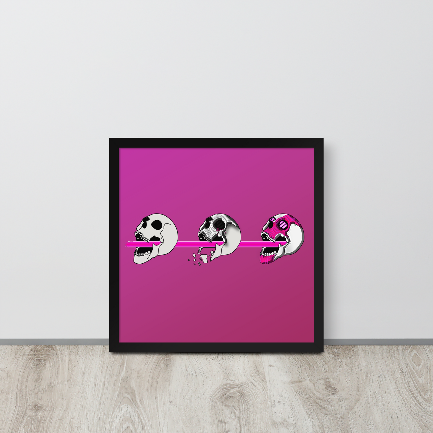 Framed 16x16 artwork with a pink background and black frame, featuring three stylized cyberpunk skull designs shooting a laser with purple and black details.