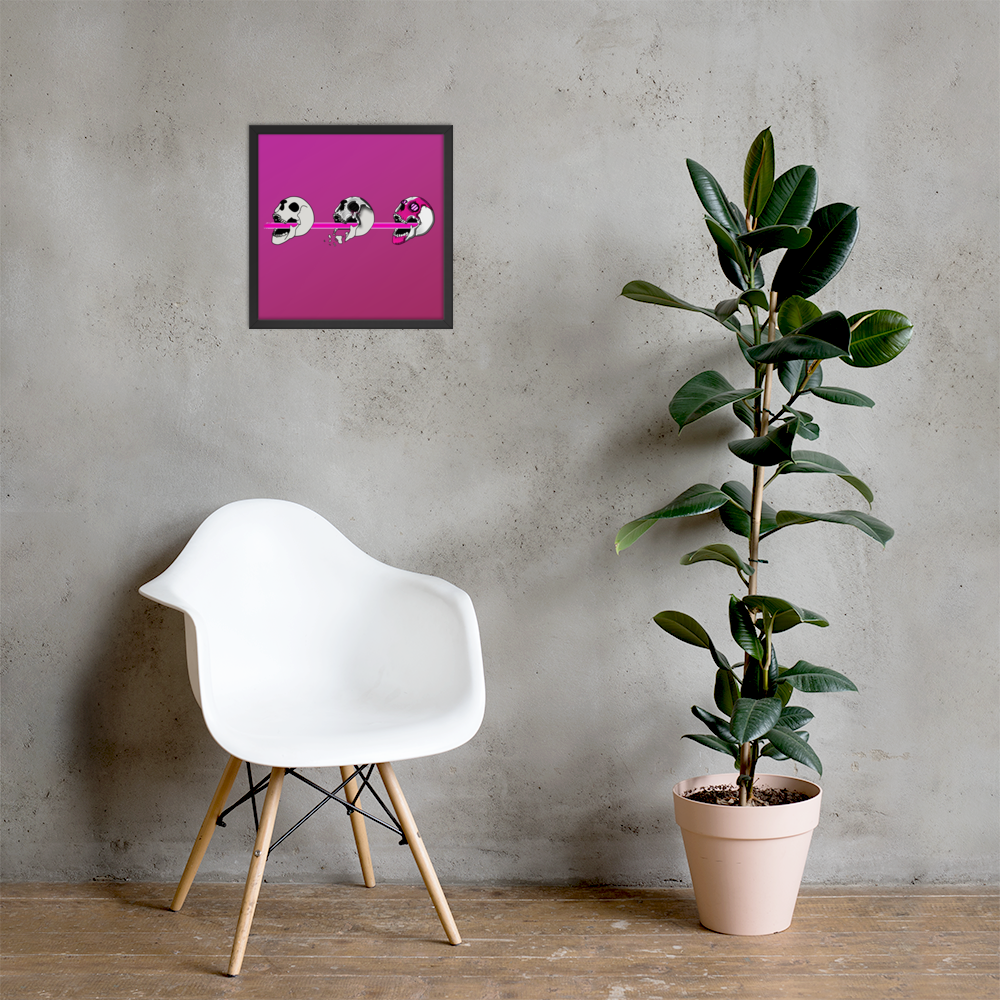 White chair next to a potted plant with a framed picture of a pink background and black frame, featuring three stylized cyberpunk skull designs shooting a laser with purple and black details on the wall.