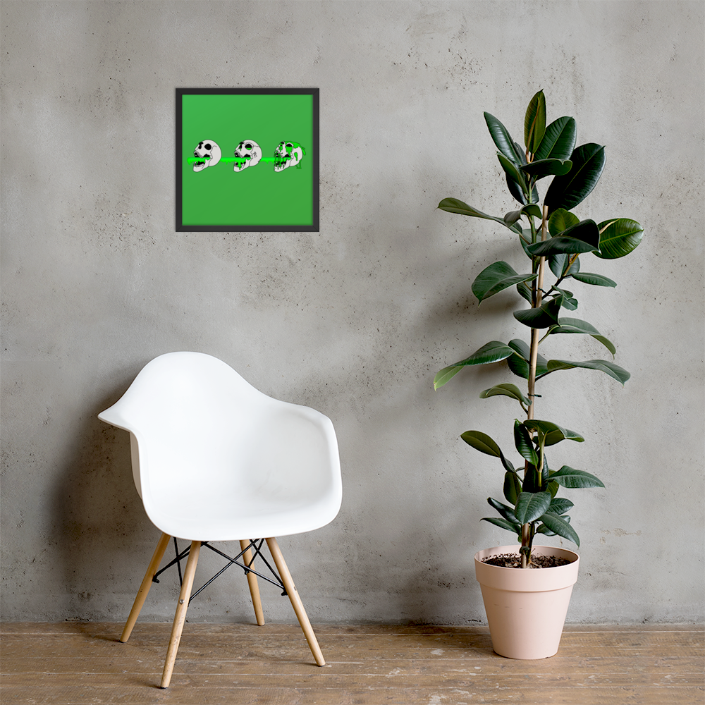 White chair next to a potted plant with a framed picture of 3 skulls shooting green slime from their mouths with a gradient background in a horror style on the wall.