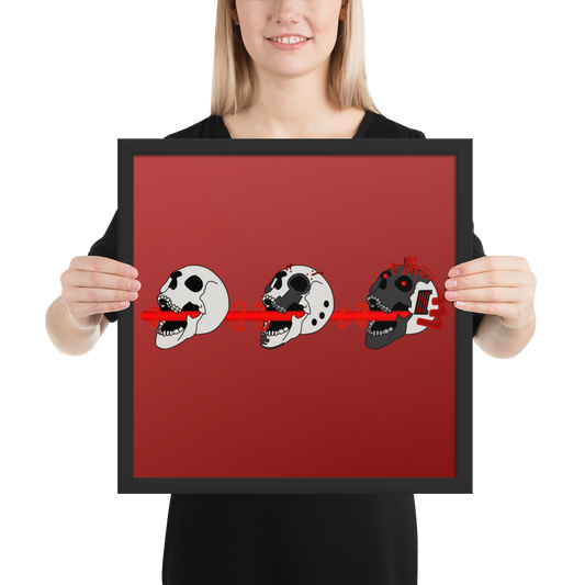 A woman holding a 16x16 framed poster of three skulls shooting a laser through their mouths in a cyberpunk style on a red gradient background