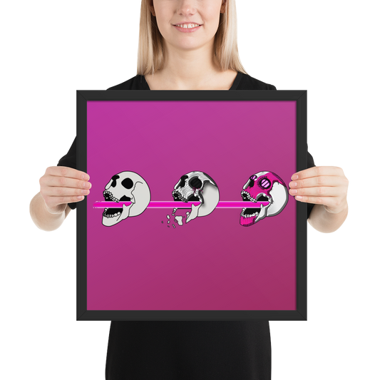 Woman holding a 16x16 framed poster of a pink background and three stylized cyberpunk skull designs shooting a laser with purple and black details.