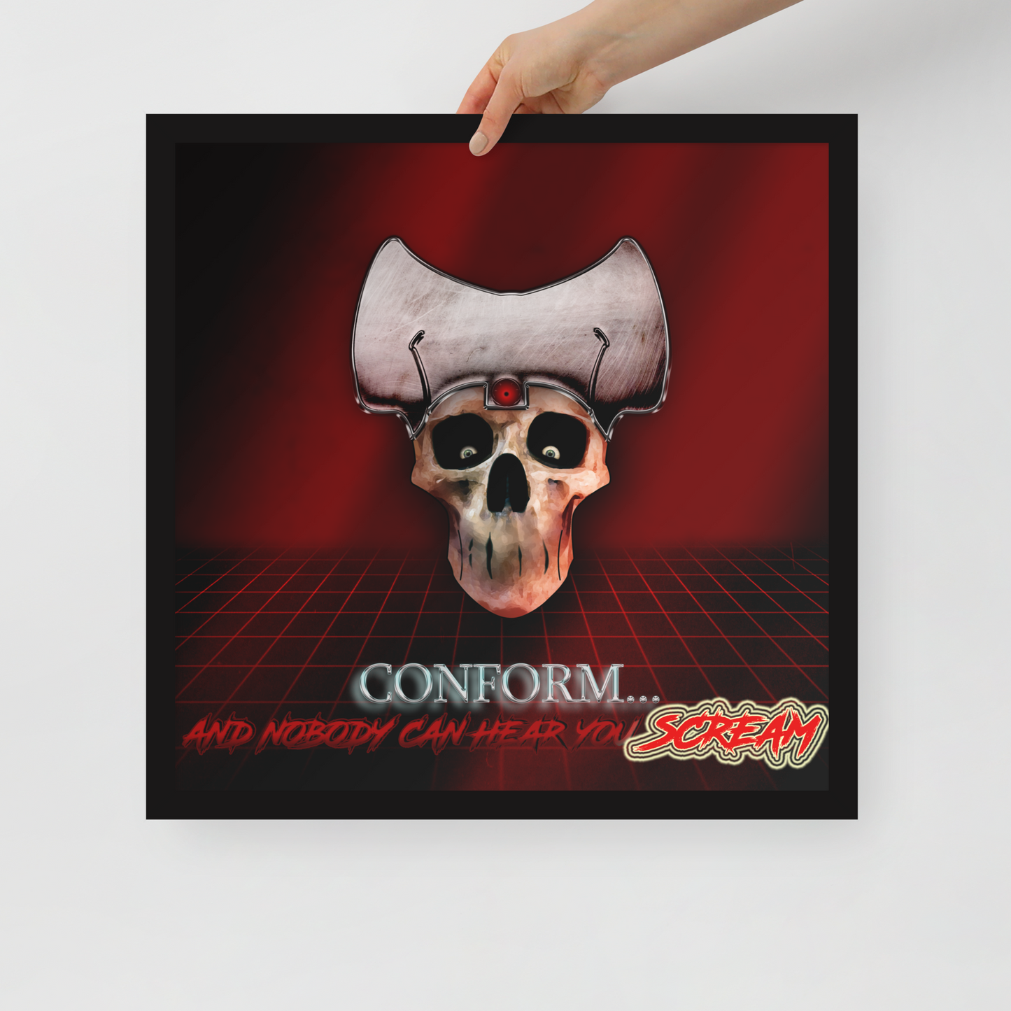 Framed poster with a skull design and text on a red and black background
