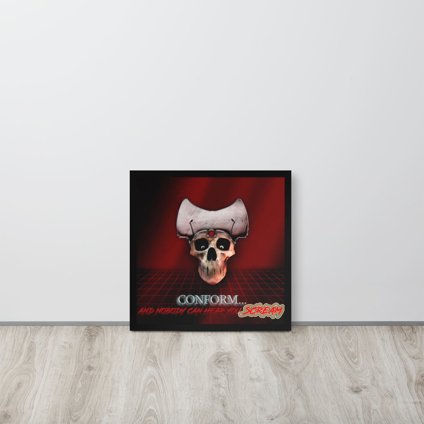 Framed poster with a skull design and text on a white wall.