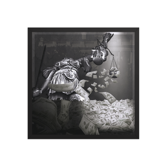 Black and white artwork of a figure holding money and a sword on a white background