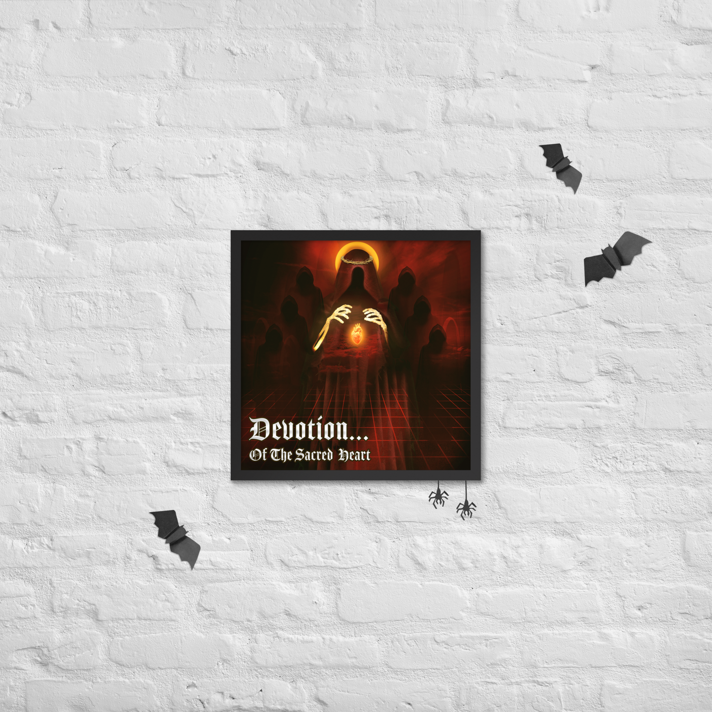 Framed artwork with a dark theme and text on a white brick wall.