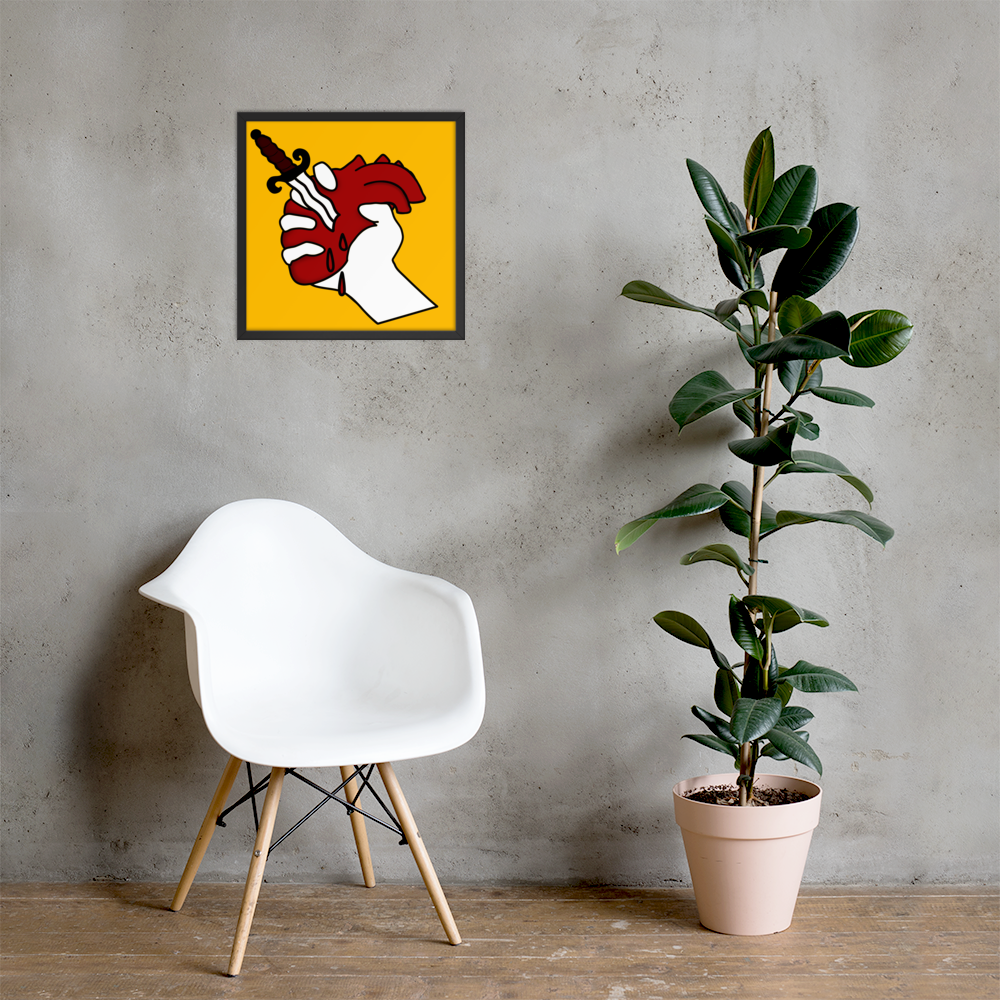 White chair and potted plant against a gray wall with a colorful abstract framed poster of a hand holding up a heart being stabbed by a curvy dagger in the style of tattoo art.