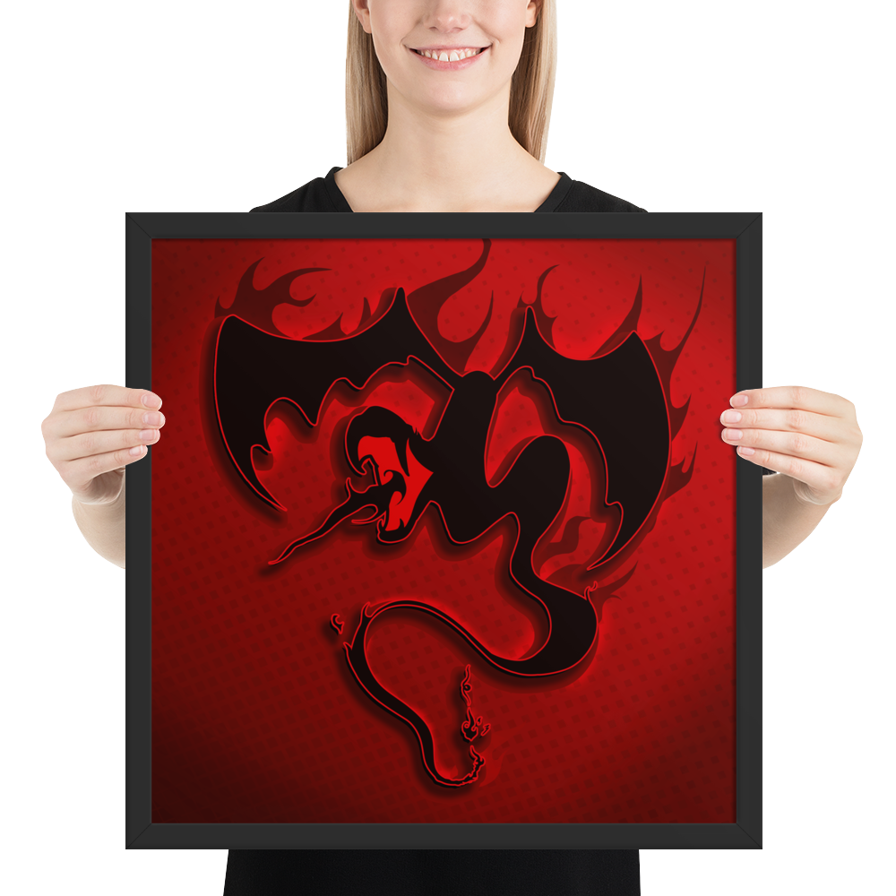 Person holding a framed artwork of a black dragon on a red background