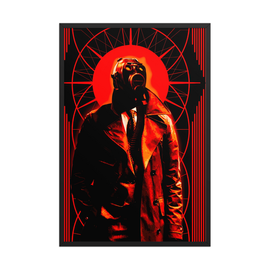 A 24x36 framed poster of a stylized, art-deco style illustration in orange, black, and white tones, with a mysterious figure in a gas mask and a trench coat in the center