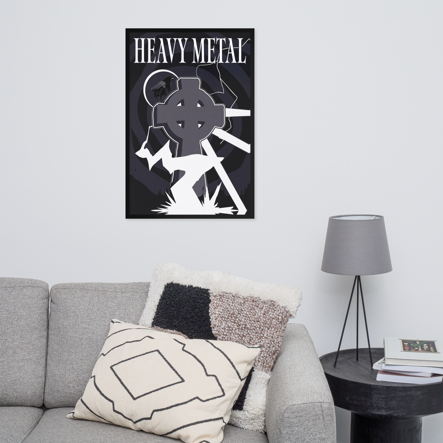 Poster with 'Heavy Metal' design on a wall above a gray sofa.