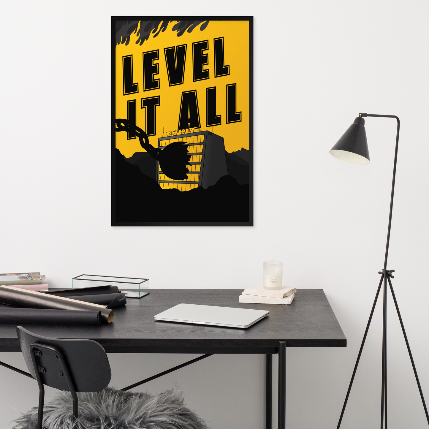 Poster with 'Level It All' design on a wall above a desk.