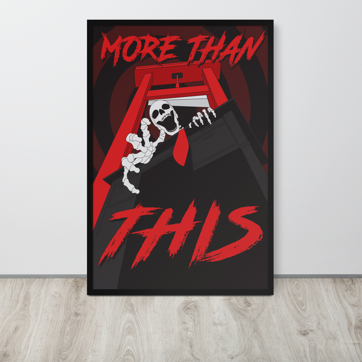 Large poster with skeleton and text 'More Than This' on a black background