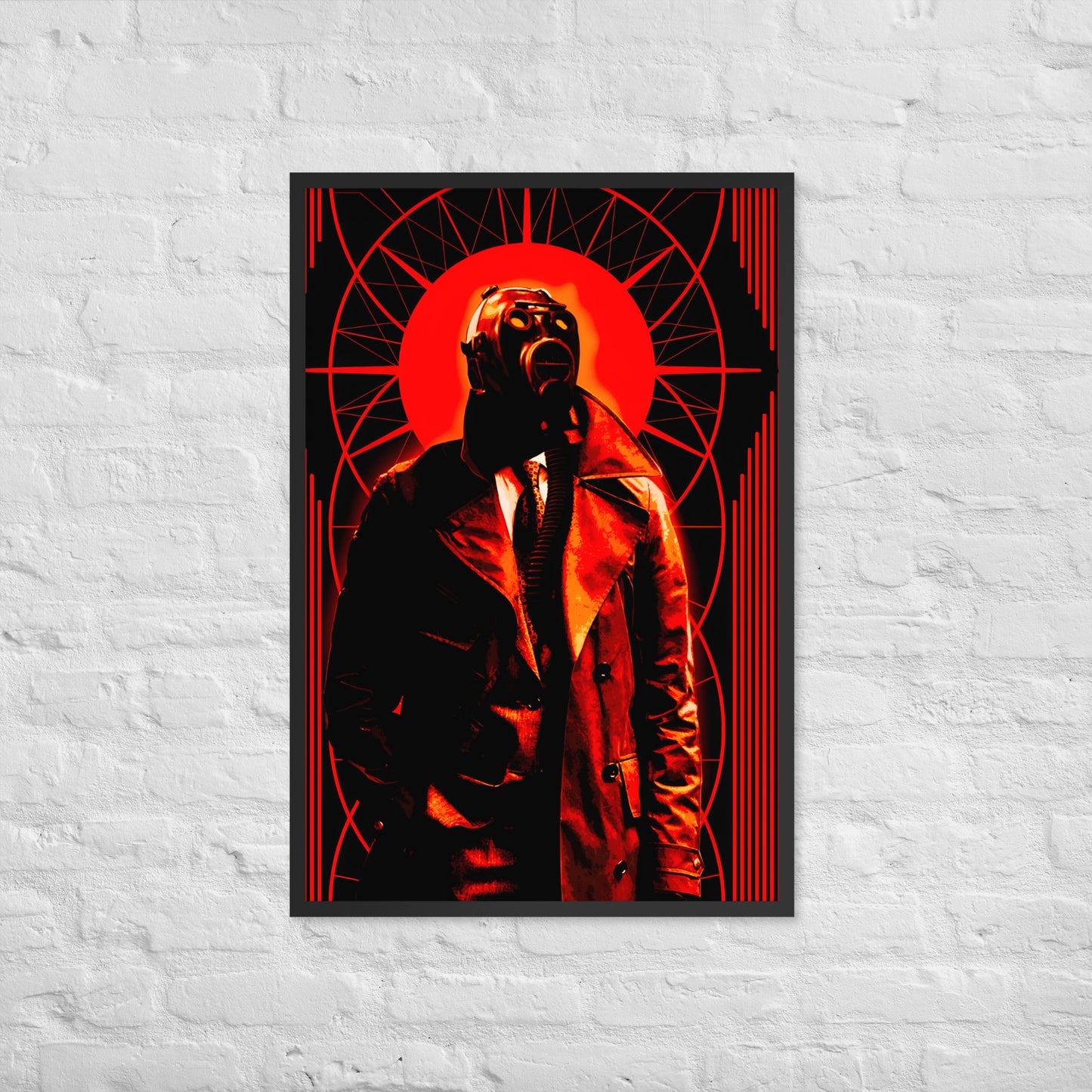Framed 24x36 artwork of a stylized, art-deco style illustration in orange, black, and white tones, with a mysterious figure in a gas mask and a trench coat in the center on a white brick wall