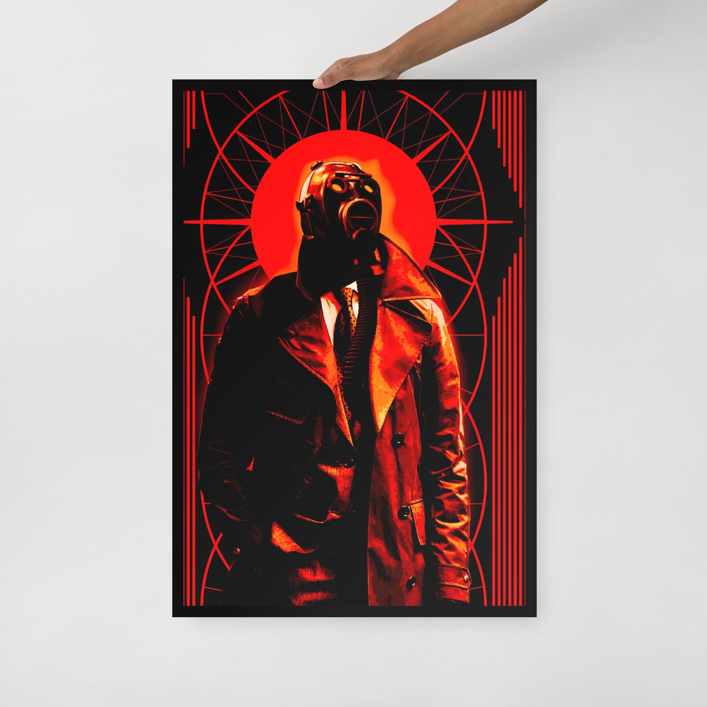 24x36 poster of a stylized, art-deco style illustration in orange, black, and white tones, with a mysterious figure in a gas mask and a trench coat in the center on a white background